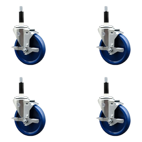 5'' SS Solid Poly Swivel 7/8'' Expanding Stem Caster Set with Brake, 4PK